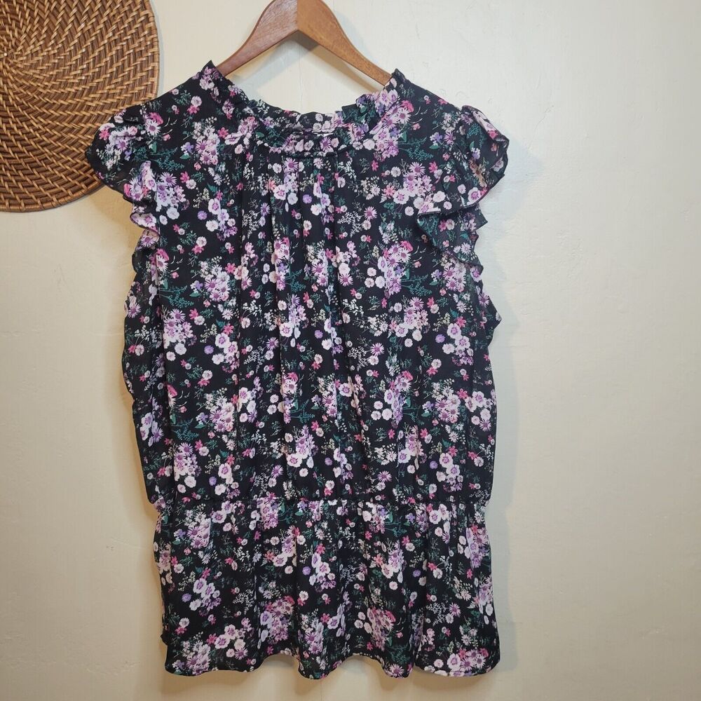 Janet Chung Peplum Floral Chiffon Top Black Purple Pink Flowers Ruffle Sleeve 2X - Picture 3 of 13